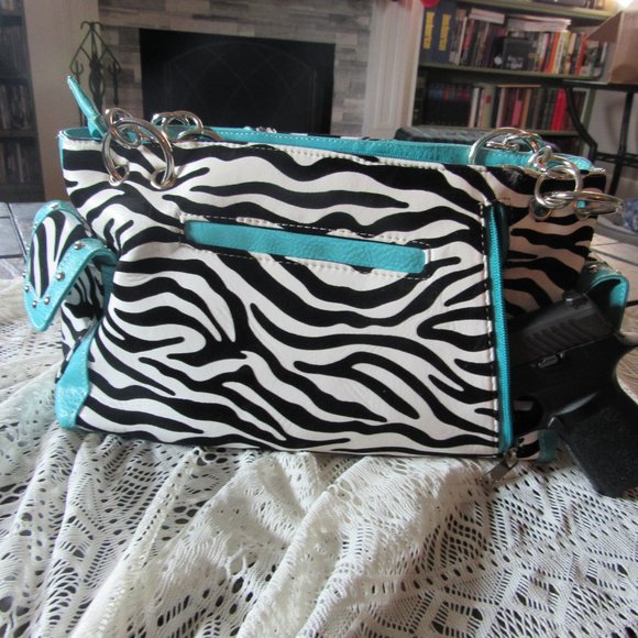 😀TURQUOISE ZEBRA STUDDED RHINESTONE CROSS HANDBAG - Picture 7 of 7